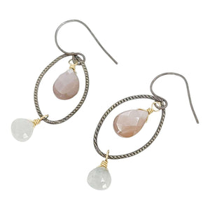 Earrings - Textured Oval with Gem Drops (Chocolate and Gray Moonstone) by Calliope Jewelry