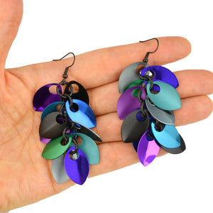 Earrings - Long Feather Cascade (Dark Mermaid Mismatched) by Rebeca Mojica