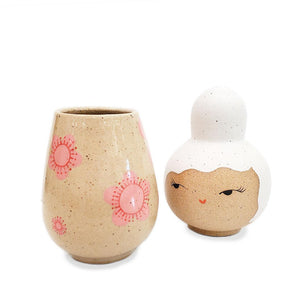 Kokeshi Jar - Small - Coy (White Updo, Pink Floral) by Jennifer Fujimoto