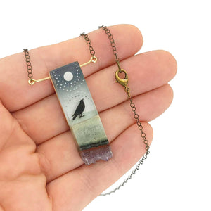 Necklace - Crow and Moon Crystal (Gunmetal) by Fernworks