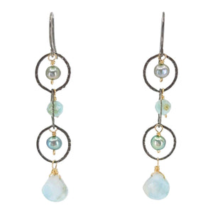 Earrings - Triple Circle Chain Dangles (Larimar, Pearl) by Calliope Jewelry