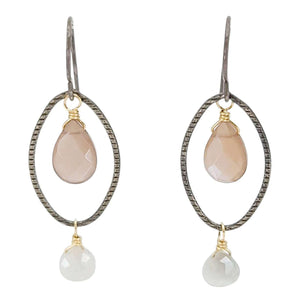 Earrings - Textured Oval with Gem Drops (Chocolate and Gray Moonstone) by Calliope Jewelry