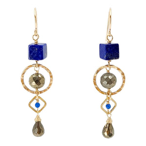Earrings - Gold and Gemstone Mixed Shapes (Lapis Lazuli, Pyrite) by Calliope Jewelry