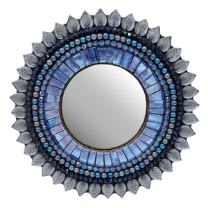 Mosaic Mirror - 7in Round (Denim Leaf) by Zetamari Mosaic Artworks