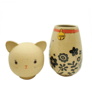 Kokeshi Jar - Medium - Bright Eyes Kitty Cat (Black Floral Red Collar with 22k Gold) by Jennifer Fujimoto