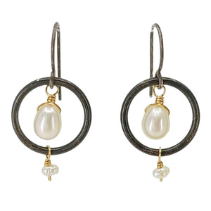 Earrings - Pearl Ring Dangle (Oxidized Sterling Silver) by Calliope Jewelry
