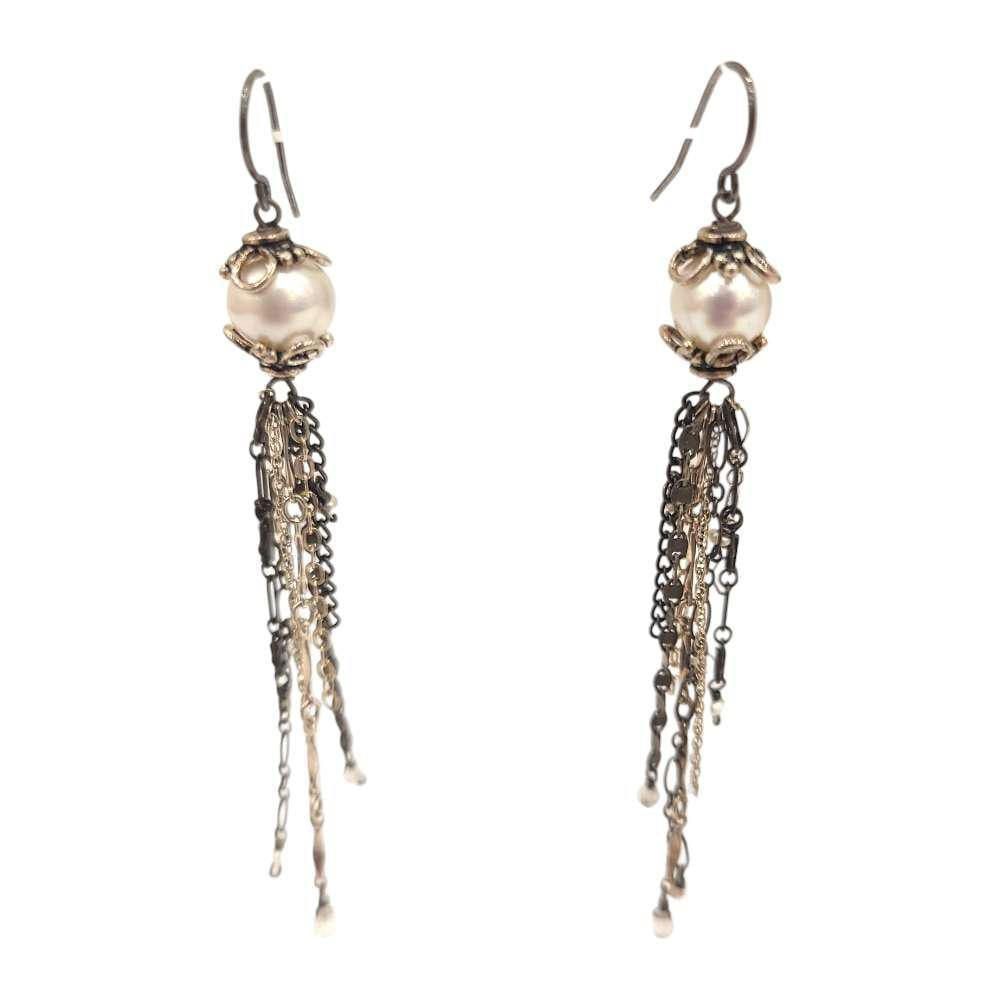 Earrings - Capped Pearl Long Tassels in Sterling Silver by Calliope