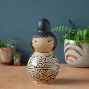 Kokeshi Jar - Small - Side Eye (Round, Shaggy Updo, Black Waves) by Jennifer Fujimoto