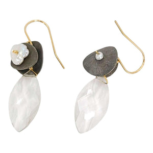 Earrings - Silver Medallion Almond Drops (Quartz, Pearl) by Calliope Jewelry