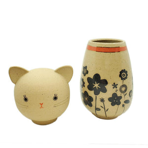Kokeshi Jar - Medium - Bright Eyes Kitty Cat (Black Floral Red Collar with 22k Gold) by Jennifer Fujimoto