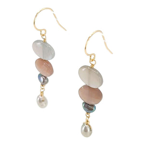 Earrings - Stacked Pebble Drops (Gray Moonstone, Chocolate Moonstone, Pearl) by Calliope Jewelry