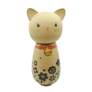 Kokeshi Jar - Medium - Bright Eyes Kitty Cat (Black Floral Red Collar with 22k Gold) by Jennifer Fujimoto