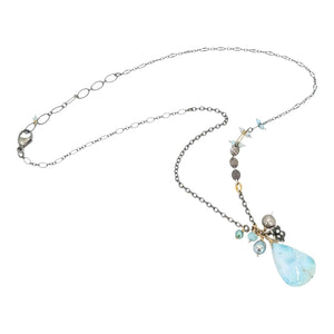 Necklace - Flower Cluster Large Gem Drop (Larimar, Pearl) by Calliope Jewelry