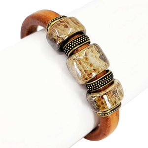 Bracelet - River Rock (Tobacco Leather, Brass, Ceramic) by Diana Kauffman Designs