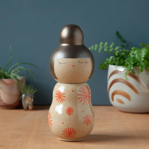 Kokeshi Jar - Small - Peaceful (Bronze Updo, Red Bursts) by Jennifer Fujimoto