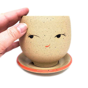 Planter - Coy Face (Red Saucer) by Jennifer Fujimoto