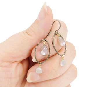 Earrings - Textured Oval with Gem Drops (Chocolate and Gray Moonstone) by Calliope Jewelry