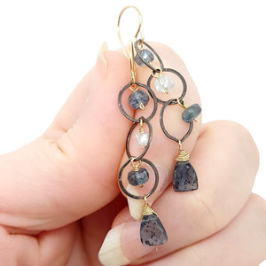 Earrings - Triple Circle Chain Dangles (Moss Kyanite, Aquamarine) by Calliope Jewelry