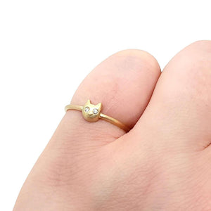 Ring - Diamond-Eyed Tiny Kitten Face in 14k Gold by Michelle Chang