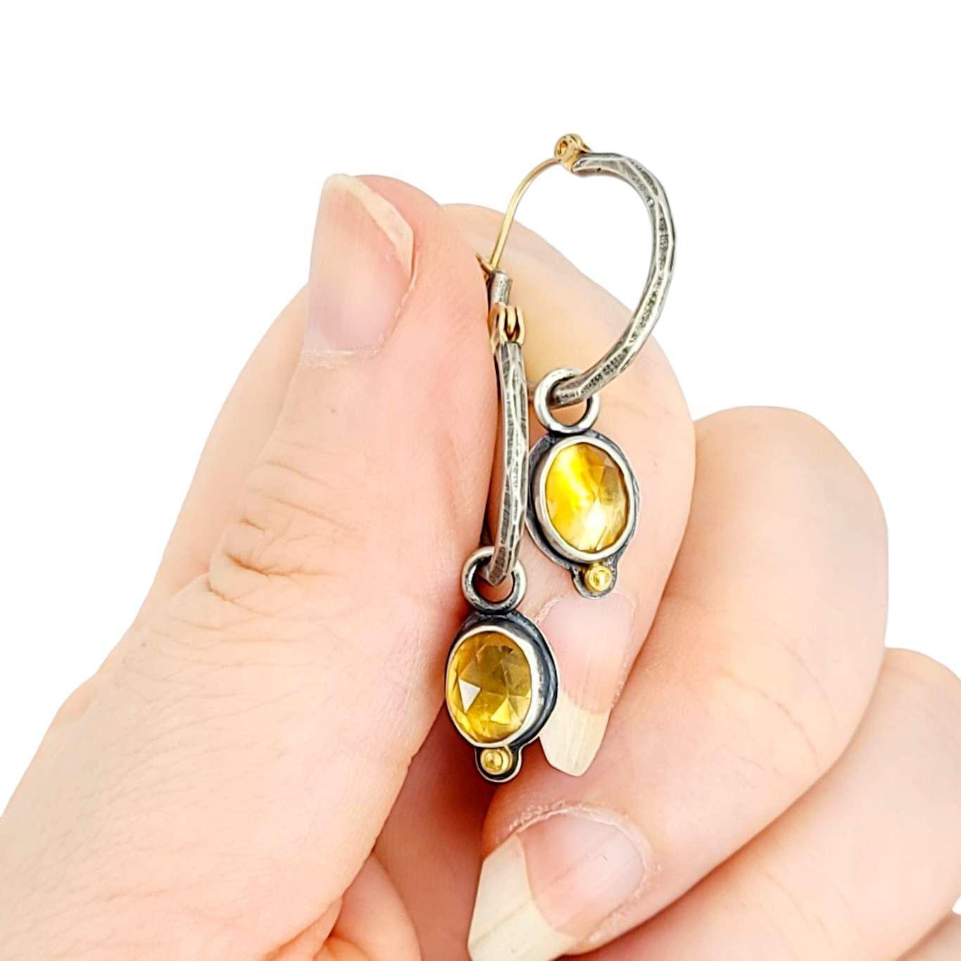 Earrings - Rose Cut Citrine Hoops in Sterling Silver with 18k and 14k Gold by Allison Kallaway