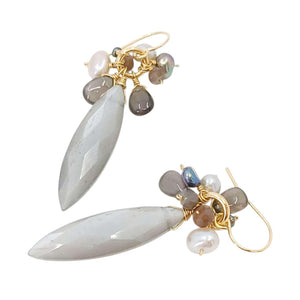 Earrings - Large Marquise Gem Clusters (Gray Moonstone, Chocolate Moonstone, Pearl) by Calliope Jewelry