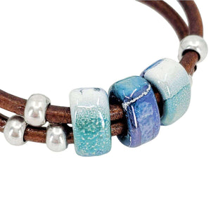 Bracelet - Hummingbird (Blue Ceramic, Tobacco Leather, Silver) by Diana Kauffman