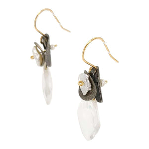 Earrings - Silver Medallion Almond Drops (Quartz, Pearl) by Calliope Jewelry