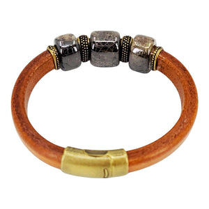 Bracelet - River Rock (Tobacco Leather, Brass, Ceramic) by Diana Kauffman Designs
