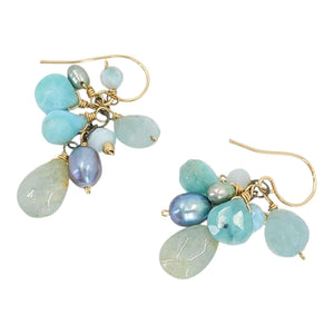 Earrings - Gemstone Clusters (Larimar, Aquamarine, Pearl) by Calliope Jewelry