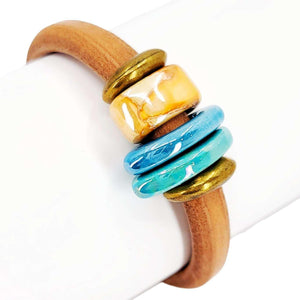 Bracelet - Daydreamer (Whiskey Leather, Brass, Ceramic) by Diana Kauffman Design