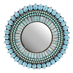 Mosaic Mirror - 7in Round (Aquamarine Leaf) by Zetamari Mosaic Artworks