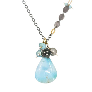 Necklace - Flower Cluster Large Gem Drop (Larimar, Pearl) by Calliope Jewelry