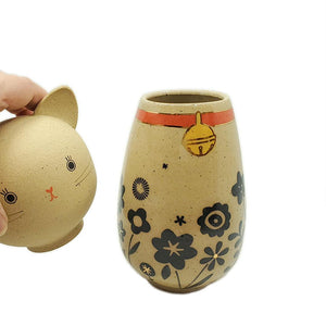 Kokeshi Jar - Medium - Bright Eyes Kitty Cat (Black Floral Red Collar with 22k Gold) by Jennifer Fujimoto