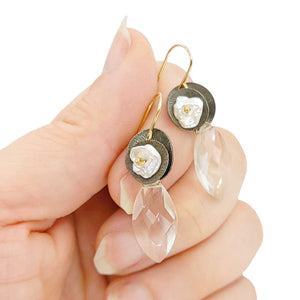 Earrings - Silver Medallion Almond Drops (Quartz, Pearl) by Calliope Jewelry