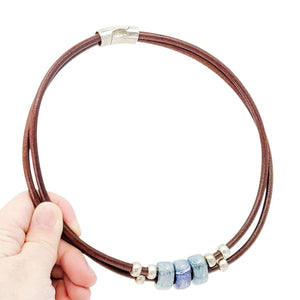 Necklace - Hummingbird (Blue Green Ceramic, Tobacco Leather, Silver) by Diana Kauffman