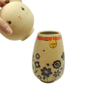 Kokeshi Jar - Medium - Bright Eyes Kitty Cat (Black Floral Red Collar with 22k Gold) by Jennifer Fujimoto