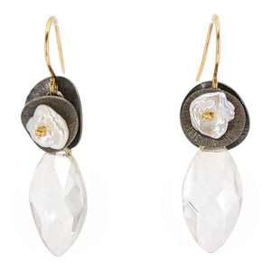 Earrings - Silver Medallion Almond Drops (Quartz, Pearl) by Calliope Jewelry