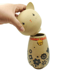 Kokeshi Jar - Medium - Bright Eyes Kitty Cat (Black Floral Red Collar with 22k Gold) by Jennifer Fujimoto