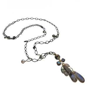 Necklace - Long Chain with Labradorite and Gray Moonstone Teardrop Cluster by Calliope Jewelry