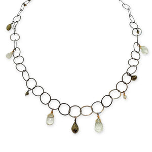 Necklace - Circle Chain with Mixed Pyrite and Green Amethyst Drops by Calliope Jewelry