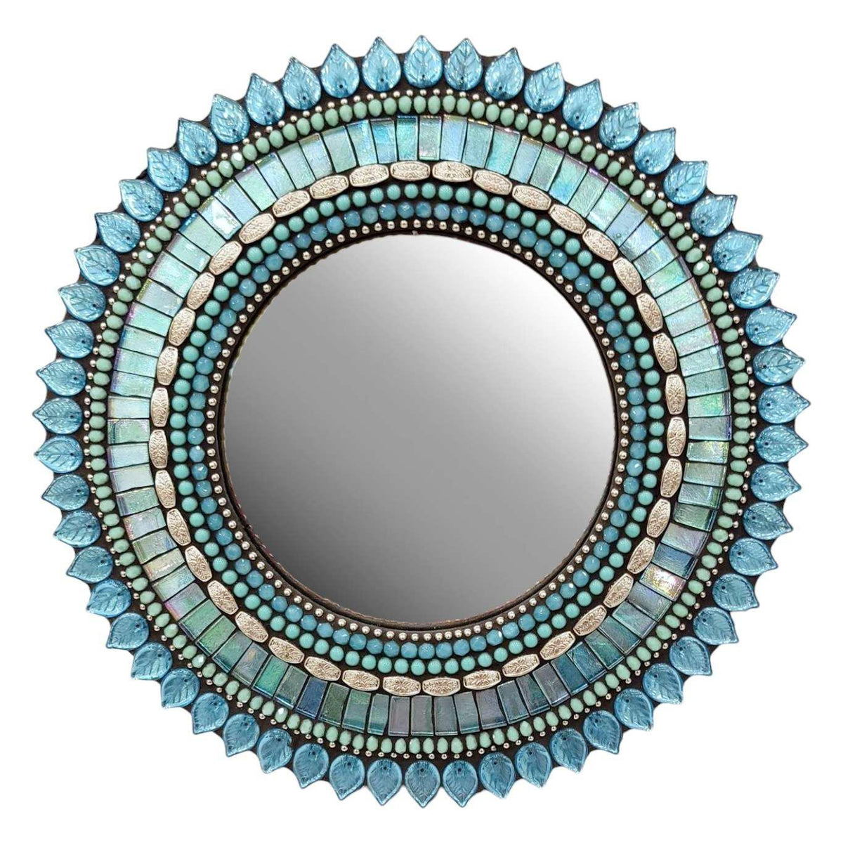 Mosaic Mirror - 10in Round (Aquamarine Leaf) by Zetamari Mosaic Artworks