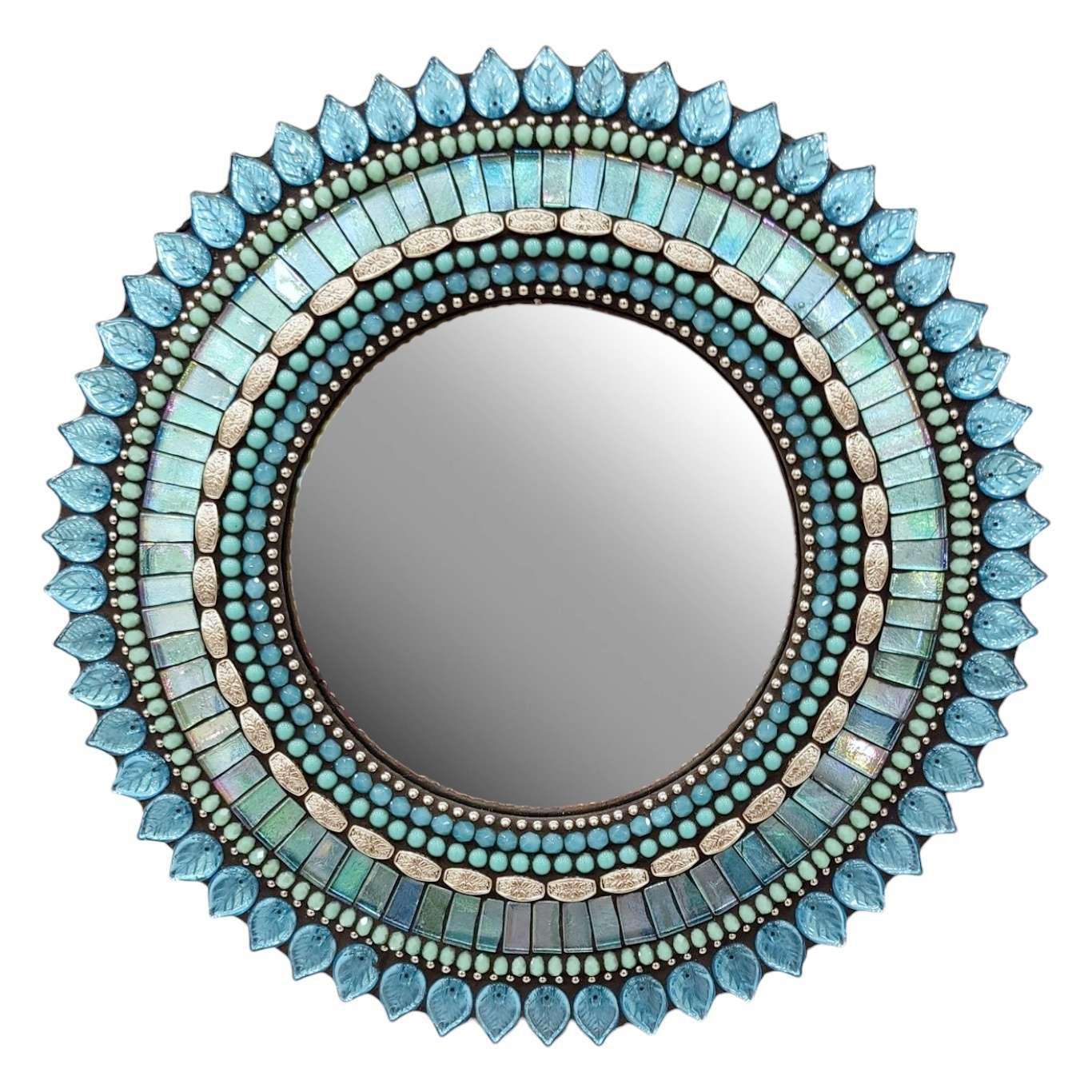 Mosaic Mirror - 10in Round (Aquamarine Leaf) by Zetamari Mosaic Artworks