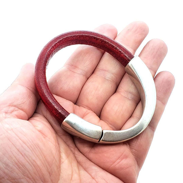 Bracelet - Skinny Breakaway in Red Leather with Silver or Gold