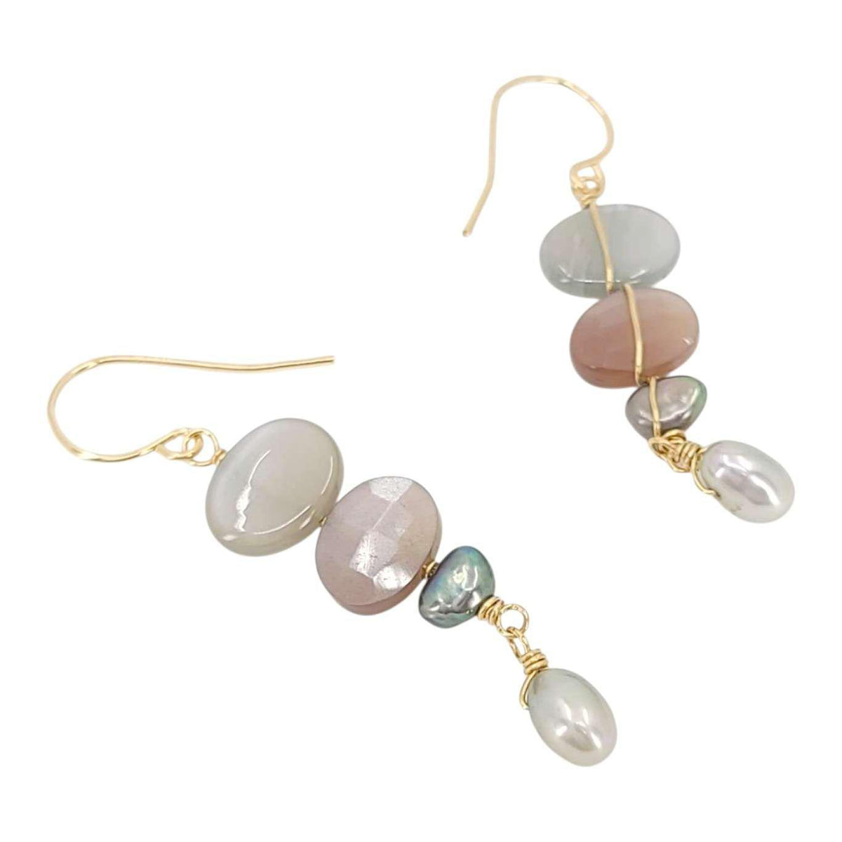 Earrings - Stacked Pebble Drops (Gray Moonstone, Chocolate Moonstone, Pearl) by Calliope Jewelry