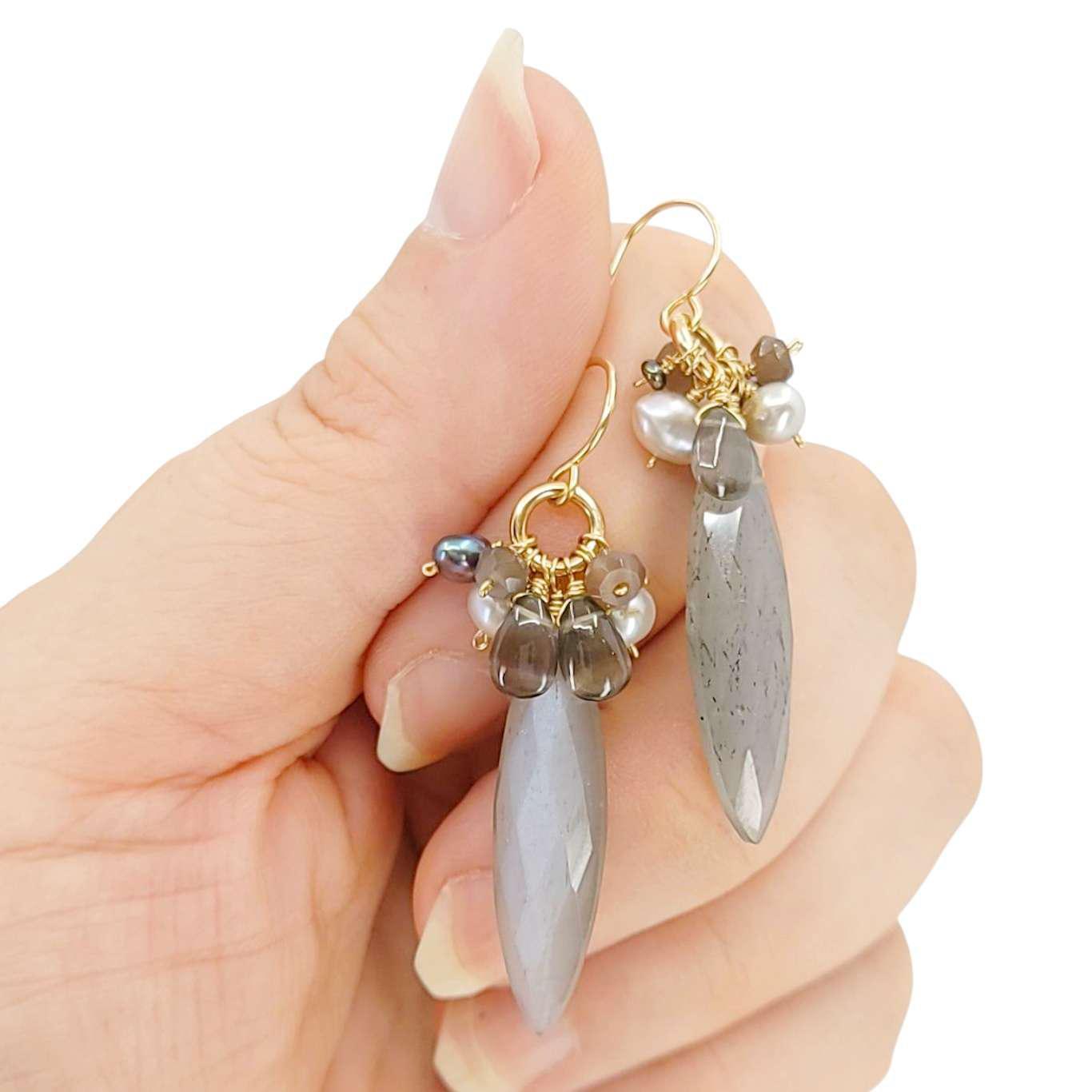 Earrings - Large Marquise Gem Clusters (Gray Moonstone, Chocolate Moonstone, Pearl) by Calliope Jewelry