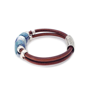 Bracelet - Hummingbird in Tobacco Leather with Silver and Ceramic by Diana Kauffman Designs