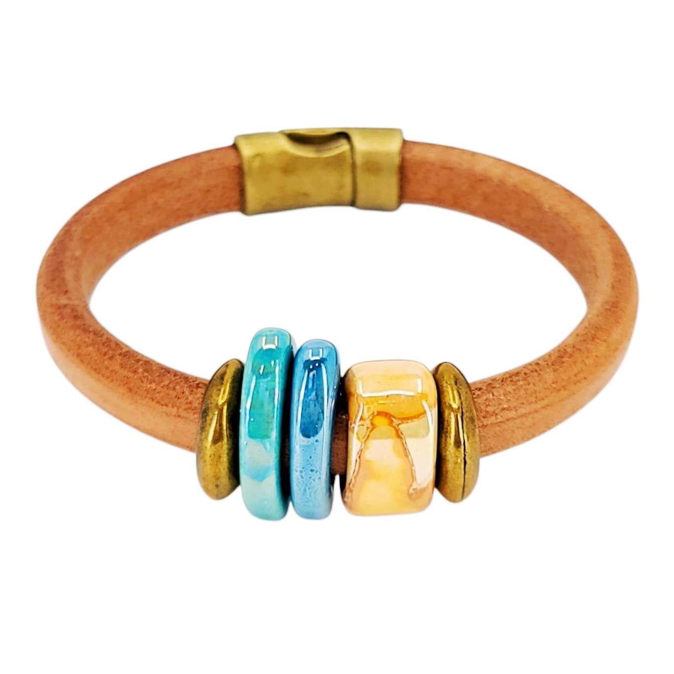 Bracelet - Daydreamer (Whiskey Leather, Brass, Ceramic) by Diana Kauffman Design