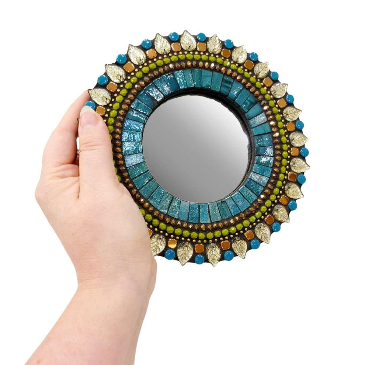 Mosaic Mirror - 7in Round (Teal Amber) by Zetamari Mosaic Artworks