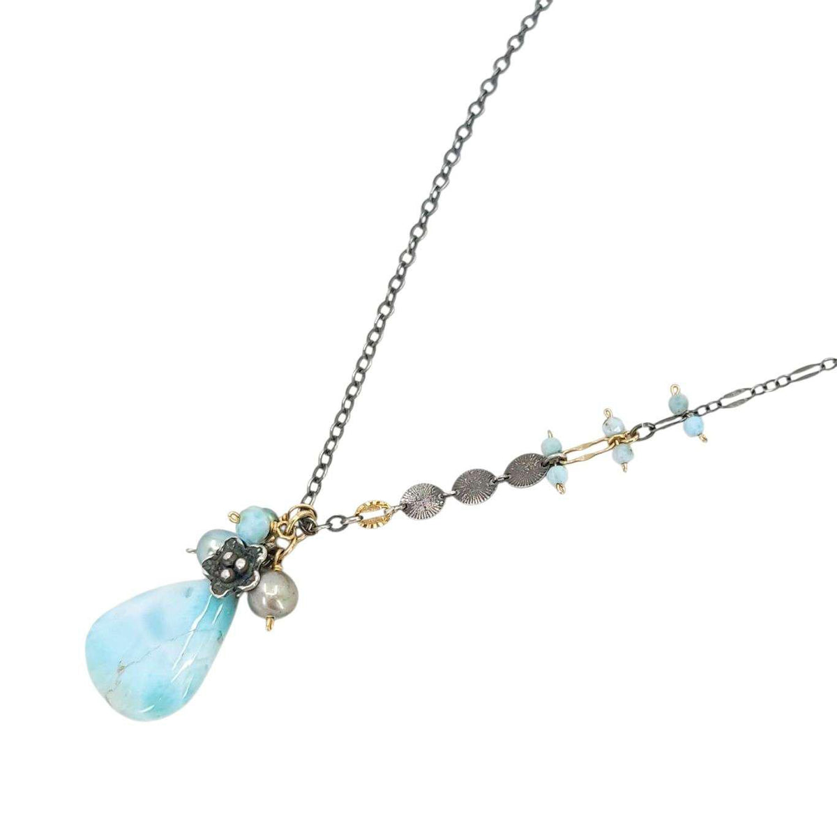 Necklace - Flower Cluster Large Gem Drop (Larimar, Pearl) by Calliope Jewelry
