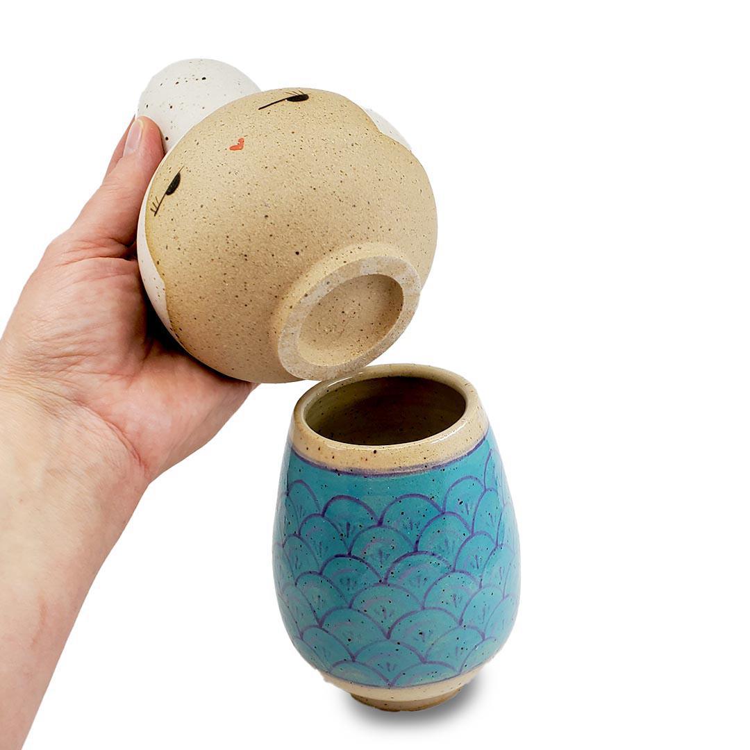 Kokeshi Jar - Small - Side Eye (White Hair, Turquoise Scallops) by Jennifer Fujimoto